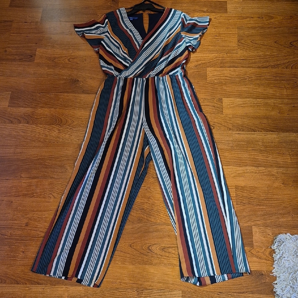 Apt. 9 Blue and White Striped Jumpsuit with Flutter Sleeves